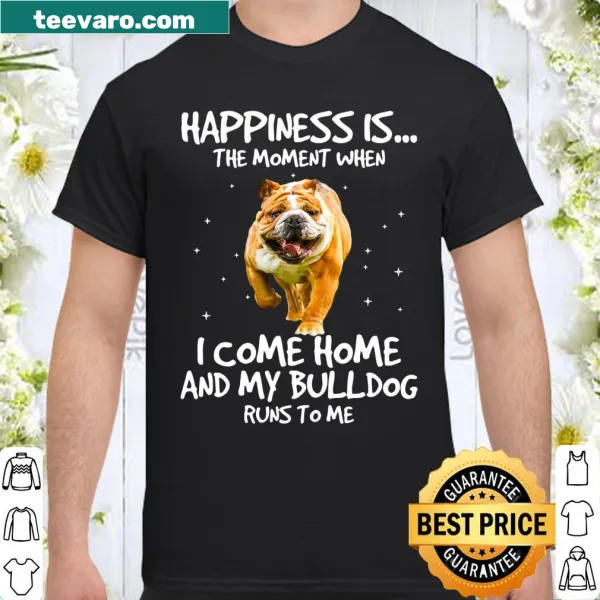Bulldog shirt featuring 'Happiness is the Moment' text and bulldog graphic