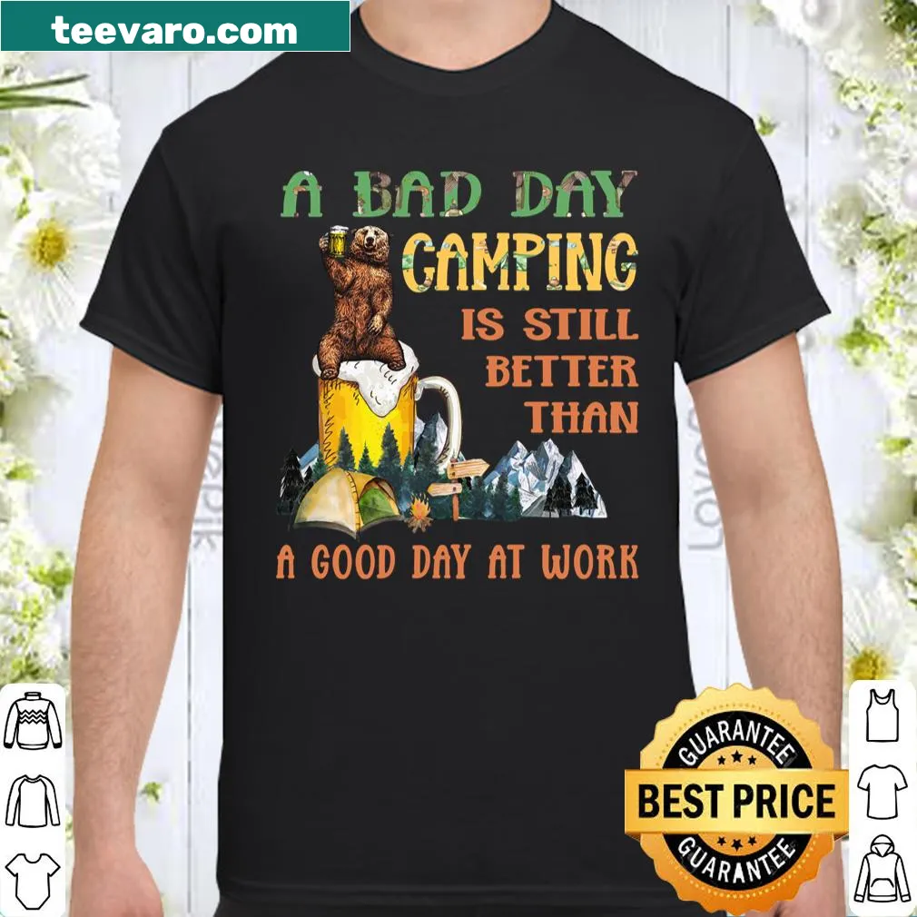 Camping T-shirt featuring a bear with beer and humorous text