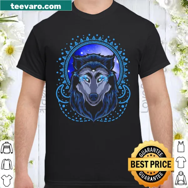 Mystical three-eyed wolf graphic on a fantasy-themed shirt
