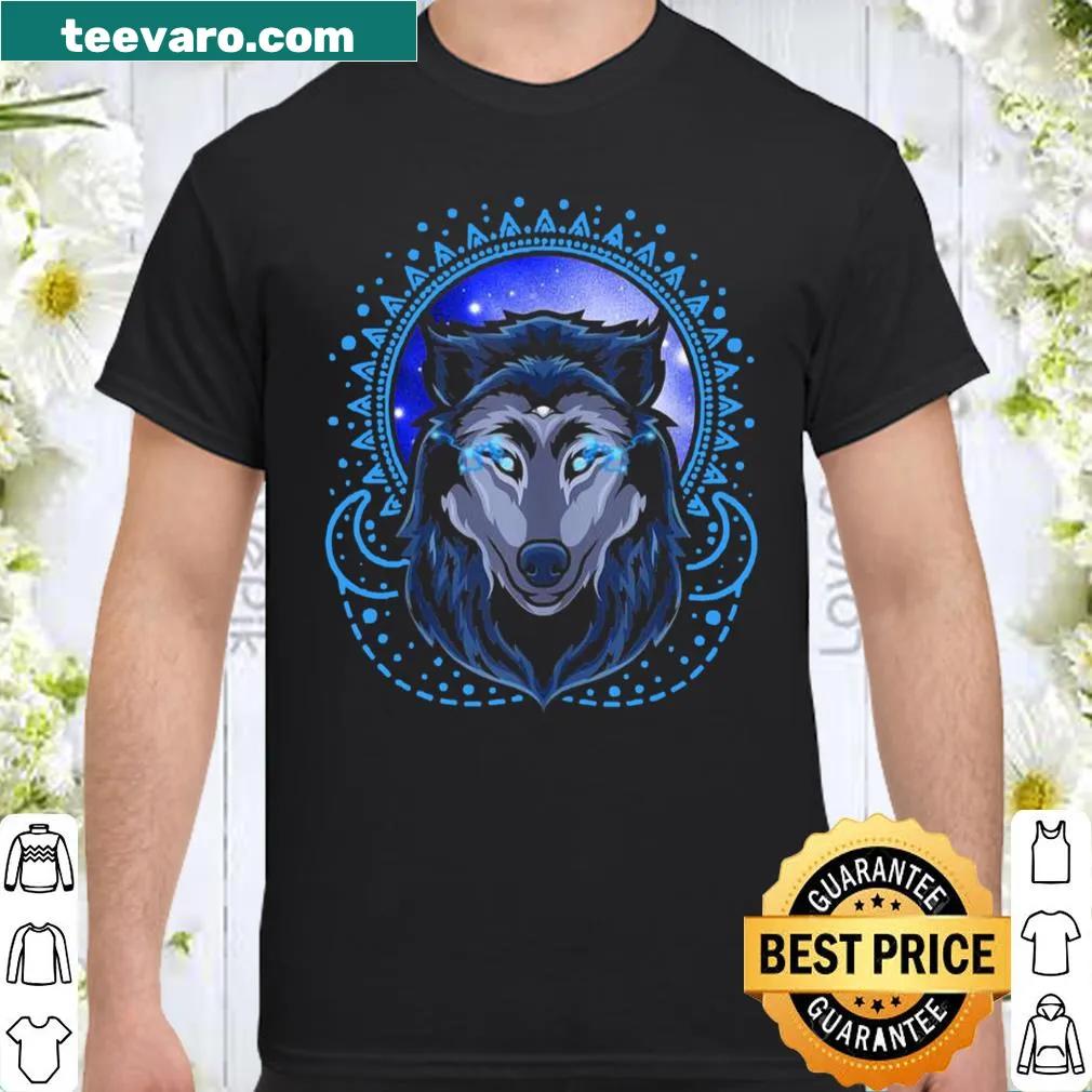 Mystical three-eyed wolf graphic on a fantasy-themed shirt