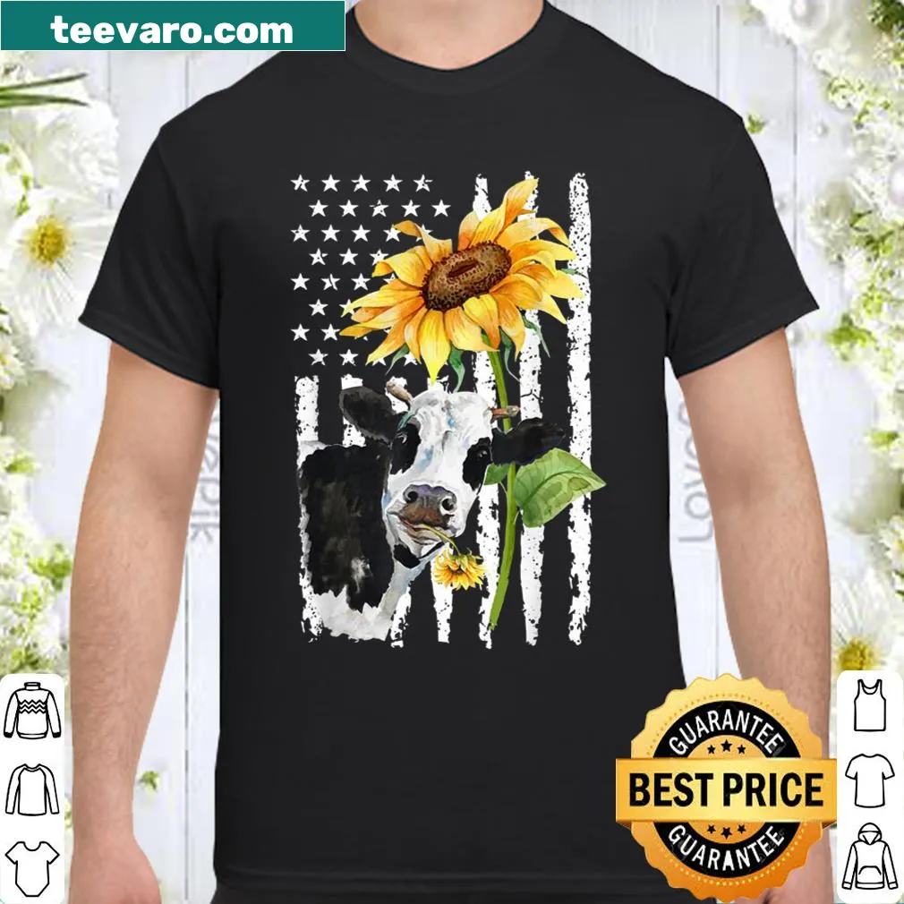 Vintage cow design with USA flag and sunflowers graphic