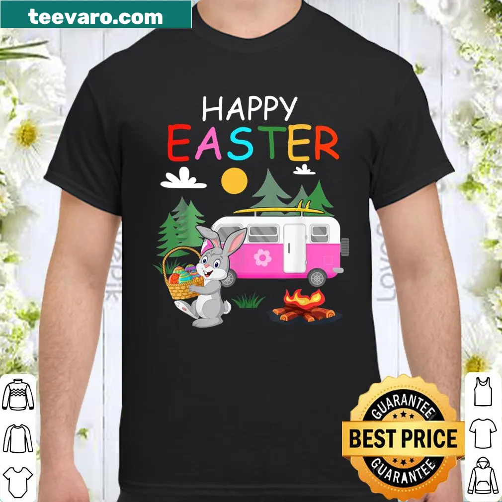 Shirt with a cute bunny and Easter eggs camping design.