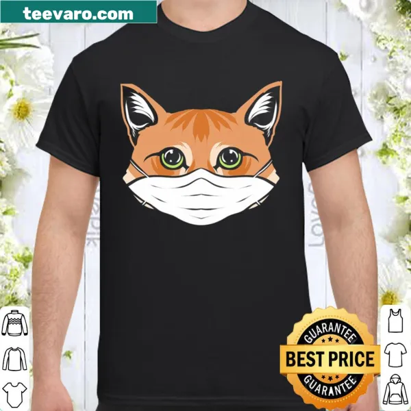 Kitty wearing a mask on a social distancing shirt