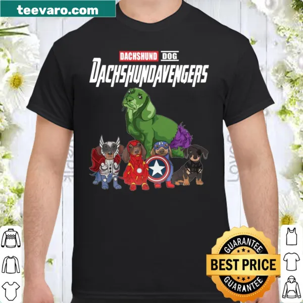 Illustration of dachshund dogs as superheroes, titled Dach Shund Avengers