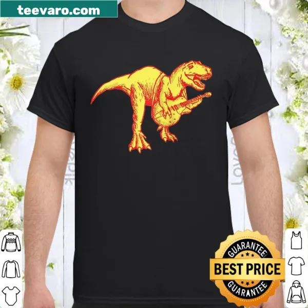 Tyrannosaurus dinosaur playing electric guitar on t-shirt