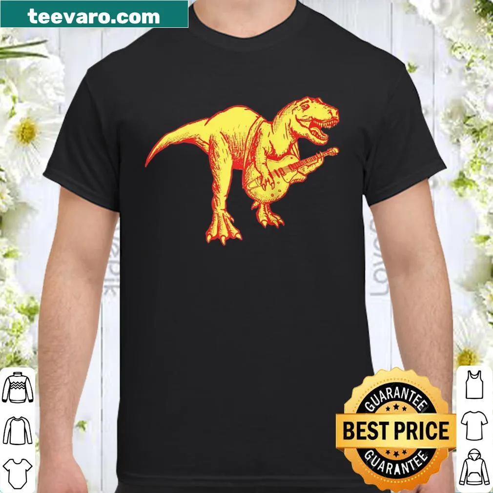 Tyrannosaurus dinosaur playing electric guitar on t-shirt