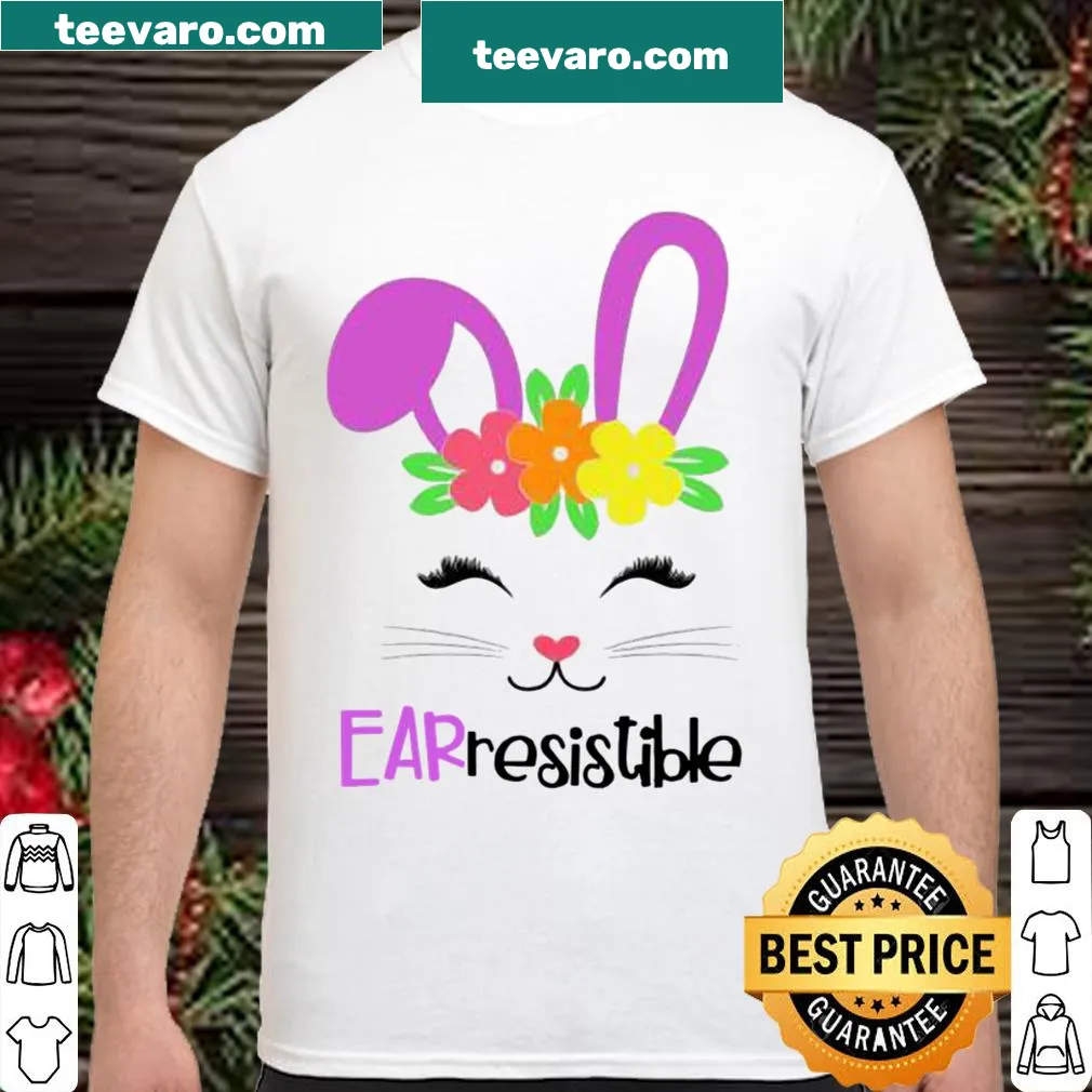 Cute Easter shirt with cartoon bunny and 'Earresistible' pun