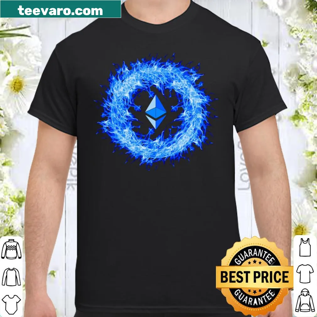 Ethereum logo engulfed in blue flames t-shirt design