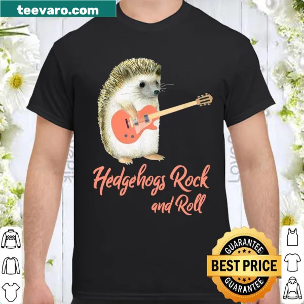 Cartoon hedgehog with guitar and the phrase 'Hedgehogs Rock and Roll'