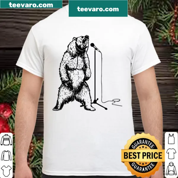 Whimsical grizzly bear singing rock music with musical notes