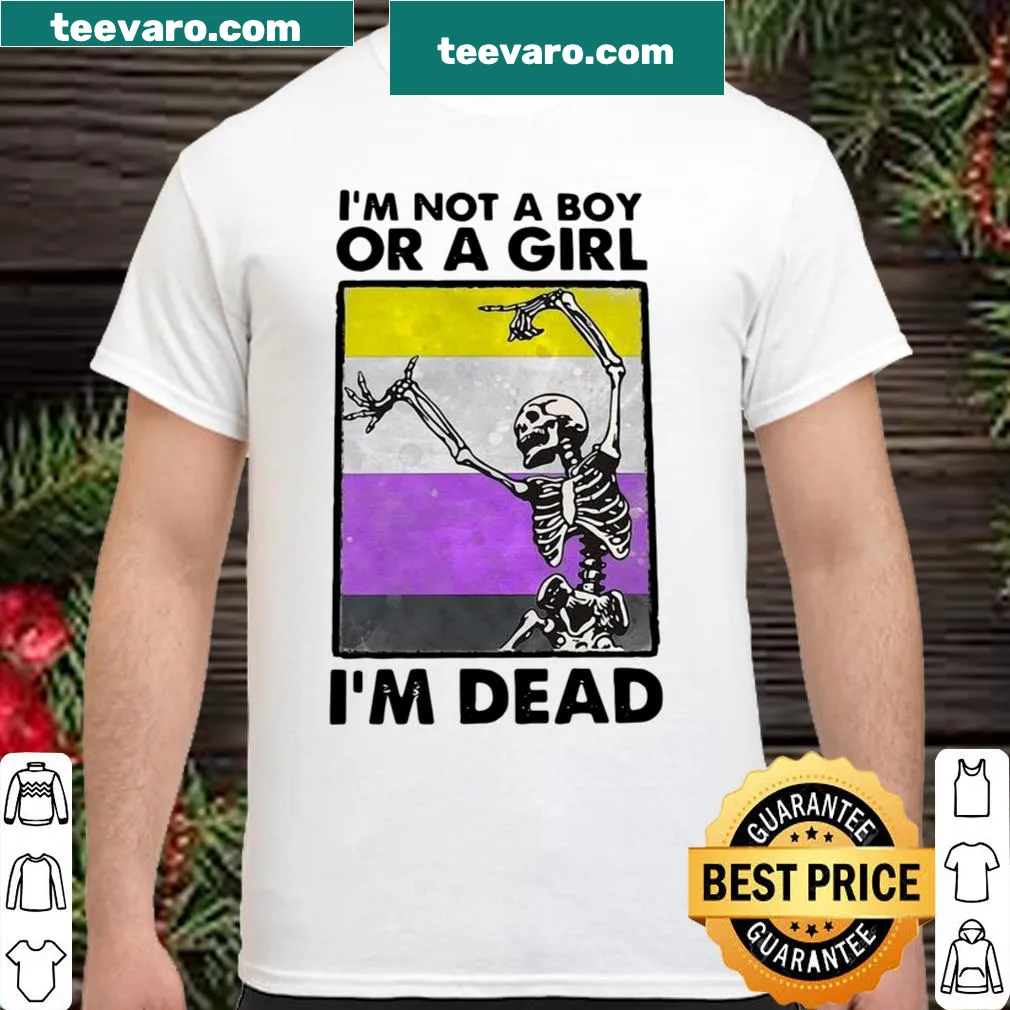 Humorous T-shirt featuring a skeleton and the phrase about identity.