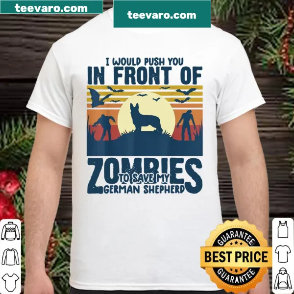 Funny shirt featuring a German Shepherd saving its owner from zombies