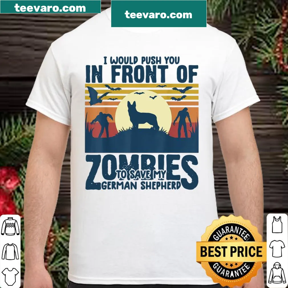 Funny shirt featuring a German Shepherd saving its owner from zombies