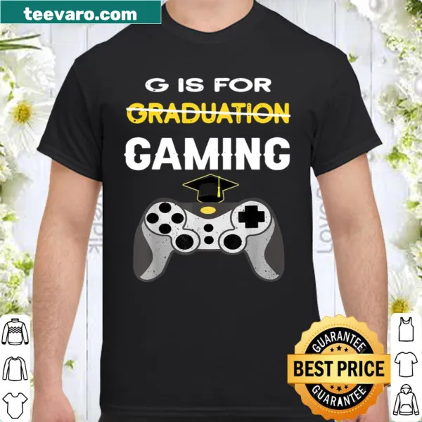 Graduation shirt featuring 'G is for Gaming' text and gaming icons.