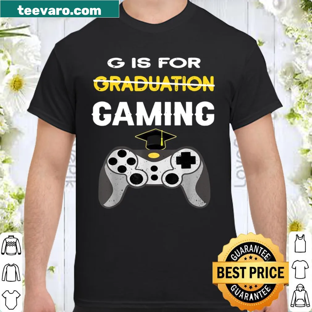 Graduation shirt featuring 'G is for Gaming' text and gaming icons.