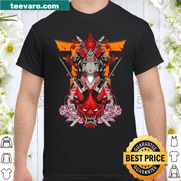 Geisha shirt with Oni demon mask illustration in anime art style