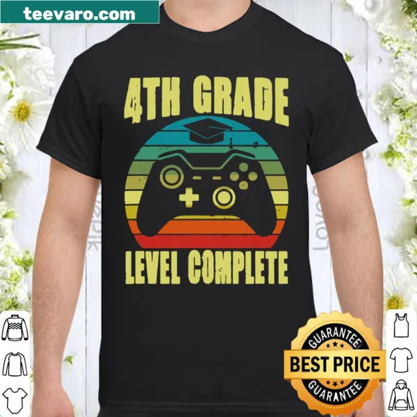 Playful shirt with 'Graduation 4th Grade Level Complete' text and gaming graphics.