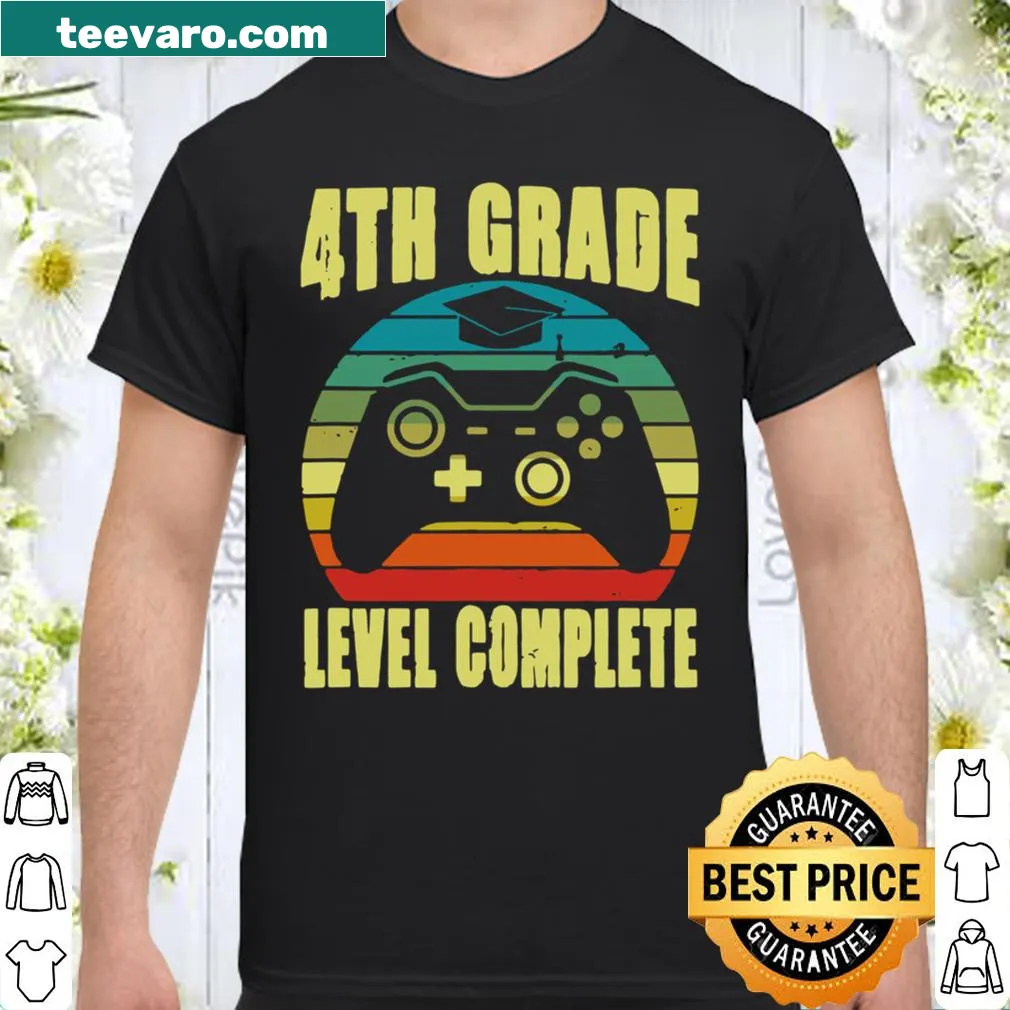 Playful shirt with 'Graduation 4th Grade Level Complete' text and gaming graphics.