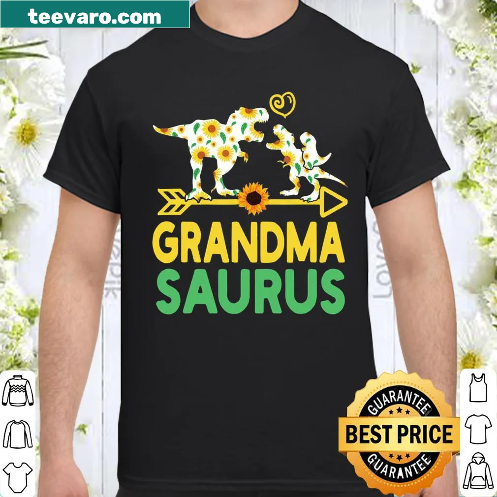 Cartoon T-Rex with sunflowers and 'Grandmasaurus' text for grandmas.