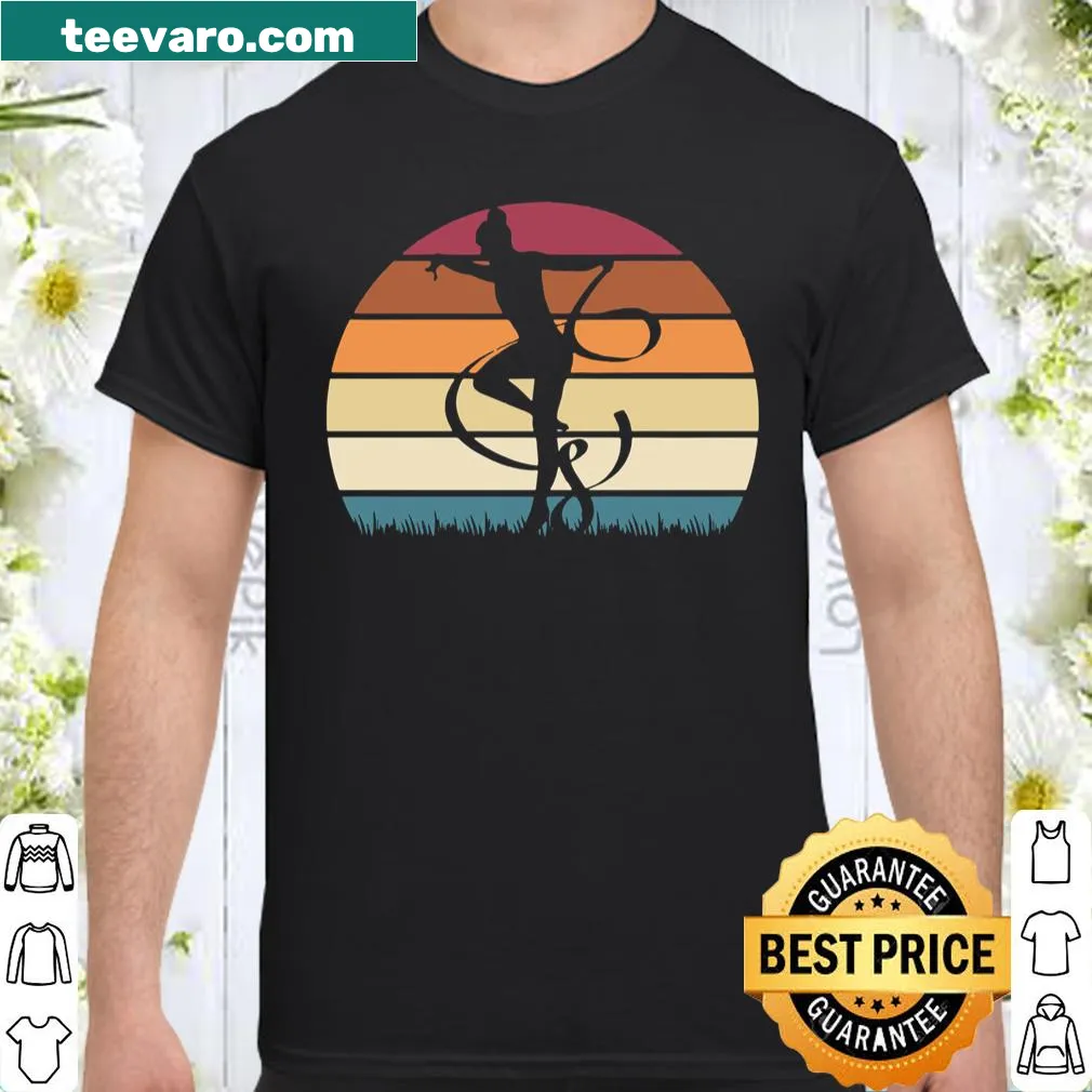 Retro shirt featuring a gymnast with ribbon against a sunset backdrop.