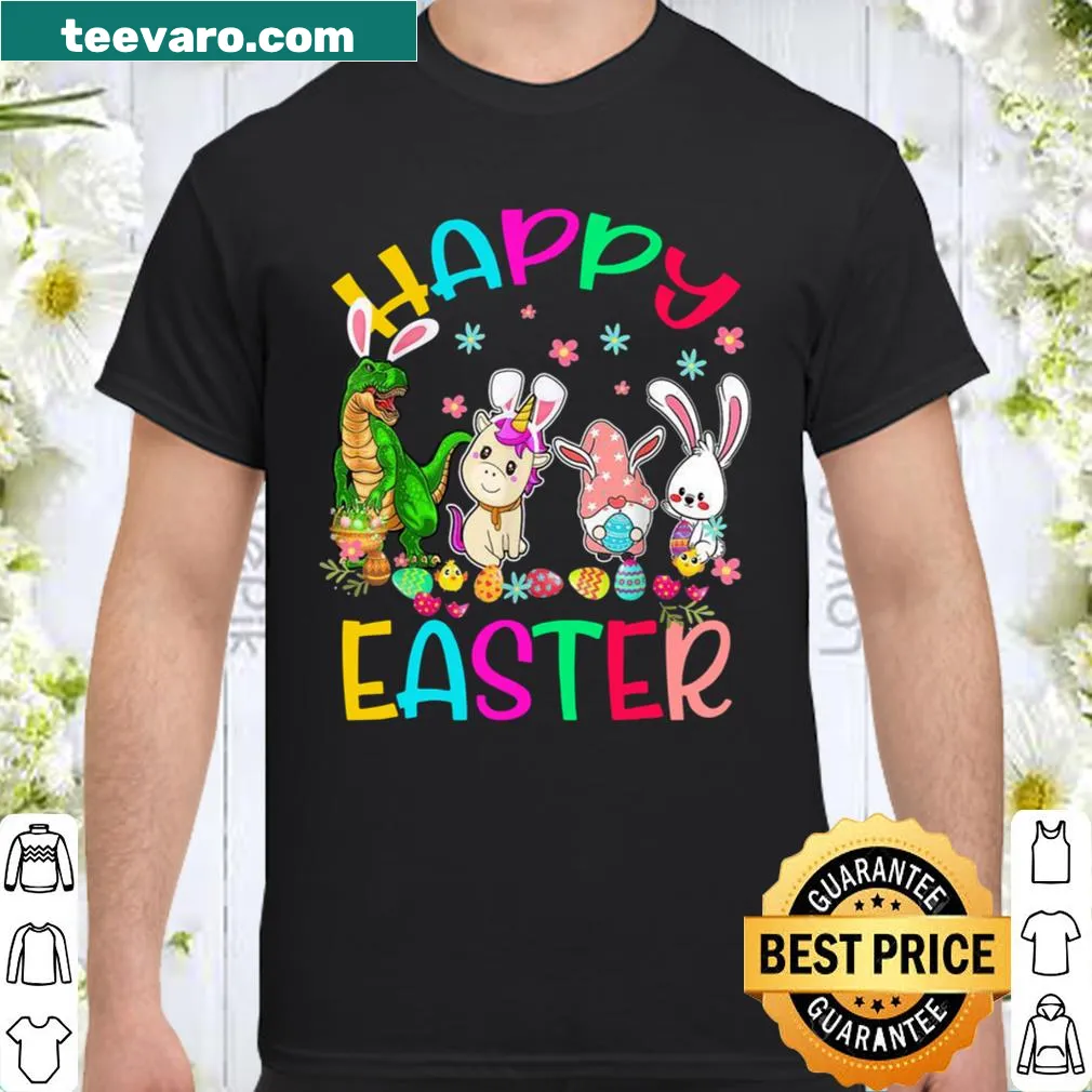 Playful Easter shirt with bunny, T-Rex, unicorn, and gnomes