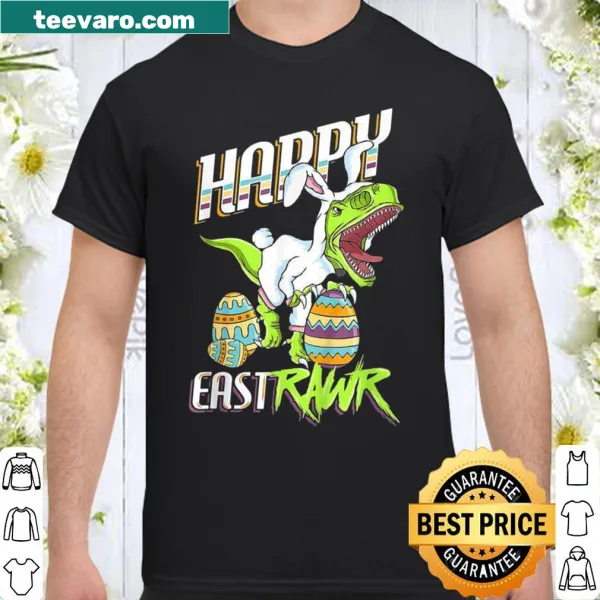Cute Easter shirt featuring a cartoon dinosaur in festive attire.