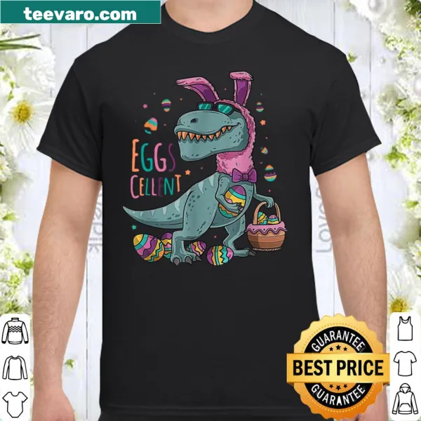 Cartoon T-Rex dressed as a bunny for Easter with festive text.