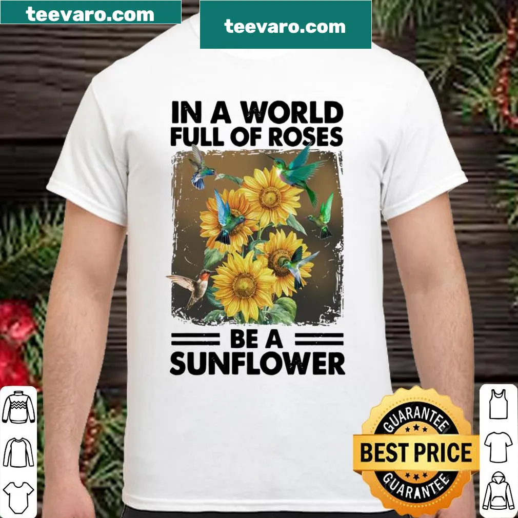Illustration of a hummingbird among sunflowers on a shirt