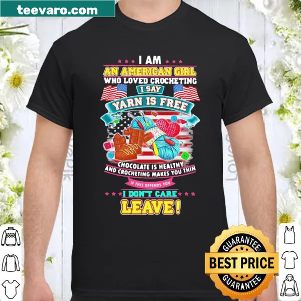 Patriotic crocheting shirt with flag design and playful text