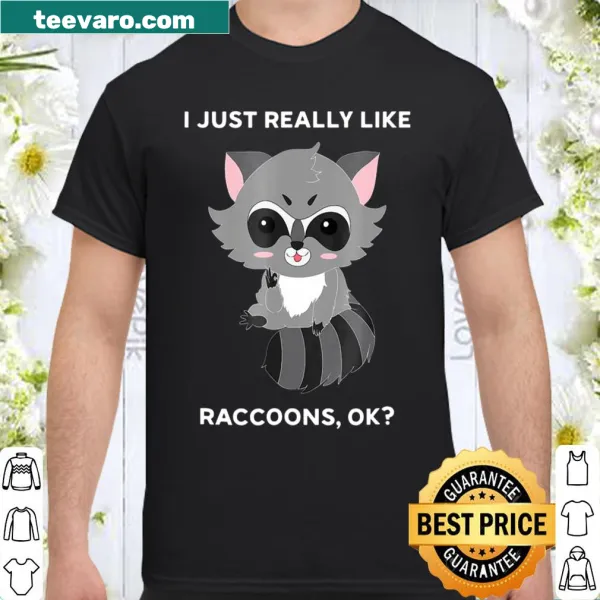 Funny shirt stating 'I Just Really Like Raccoons Ok' in playful typography