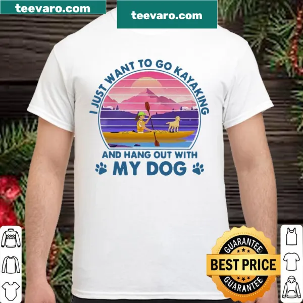 Vintage-style shirt with sunset graphic and dog kayaking theme