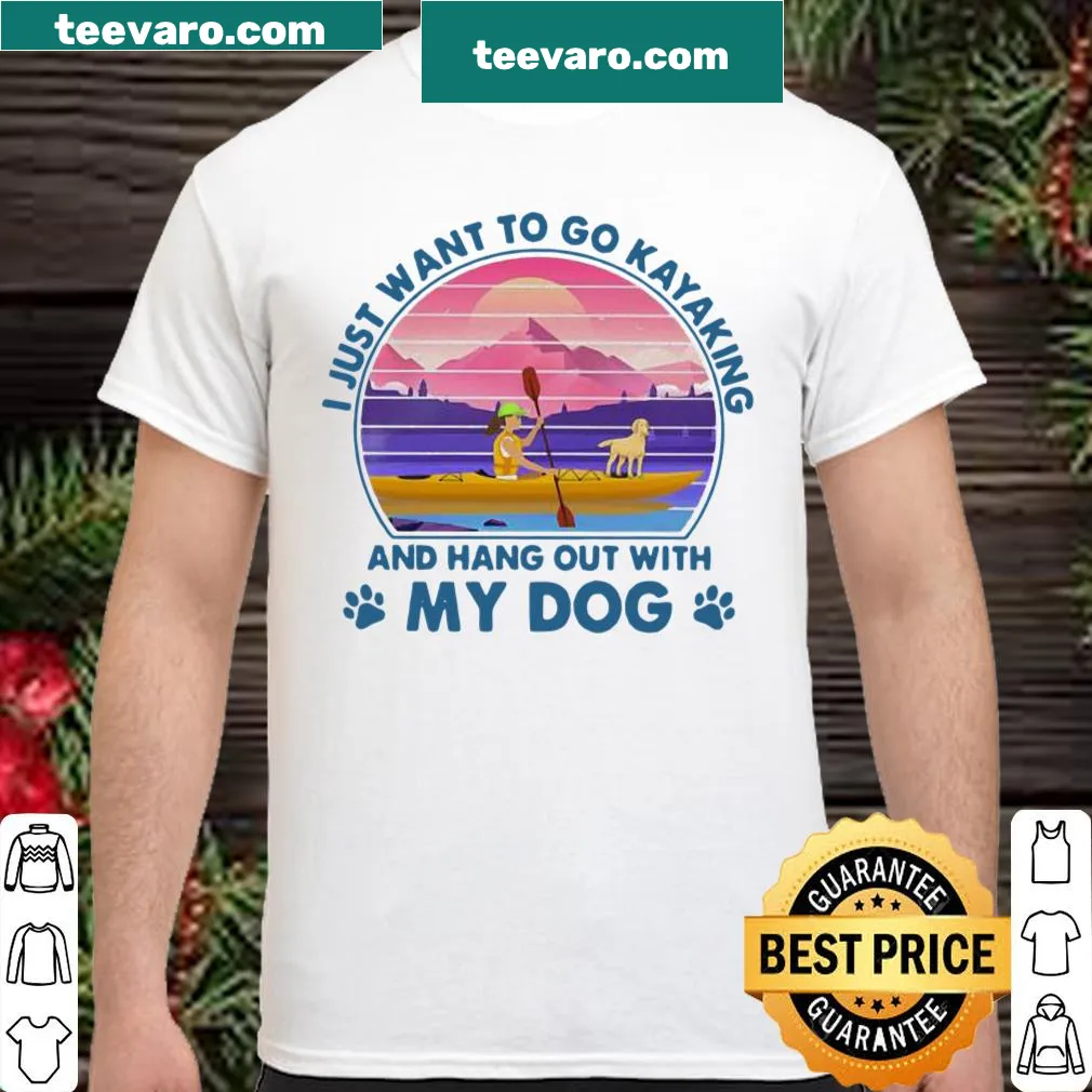 Vintage-style shirt with sunset graphic and dog kayaking theme