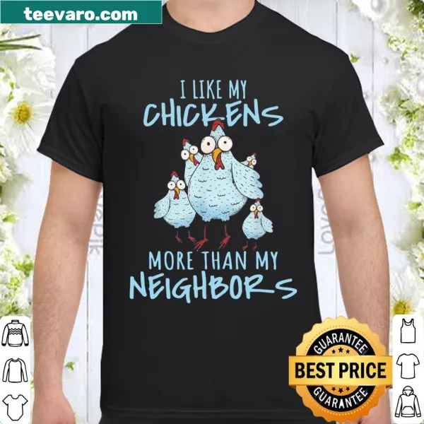 Illustrated shirt featuring chickens in a garden setting