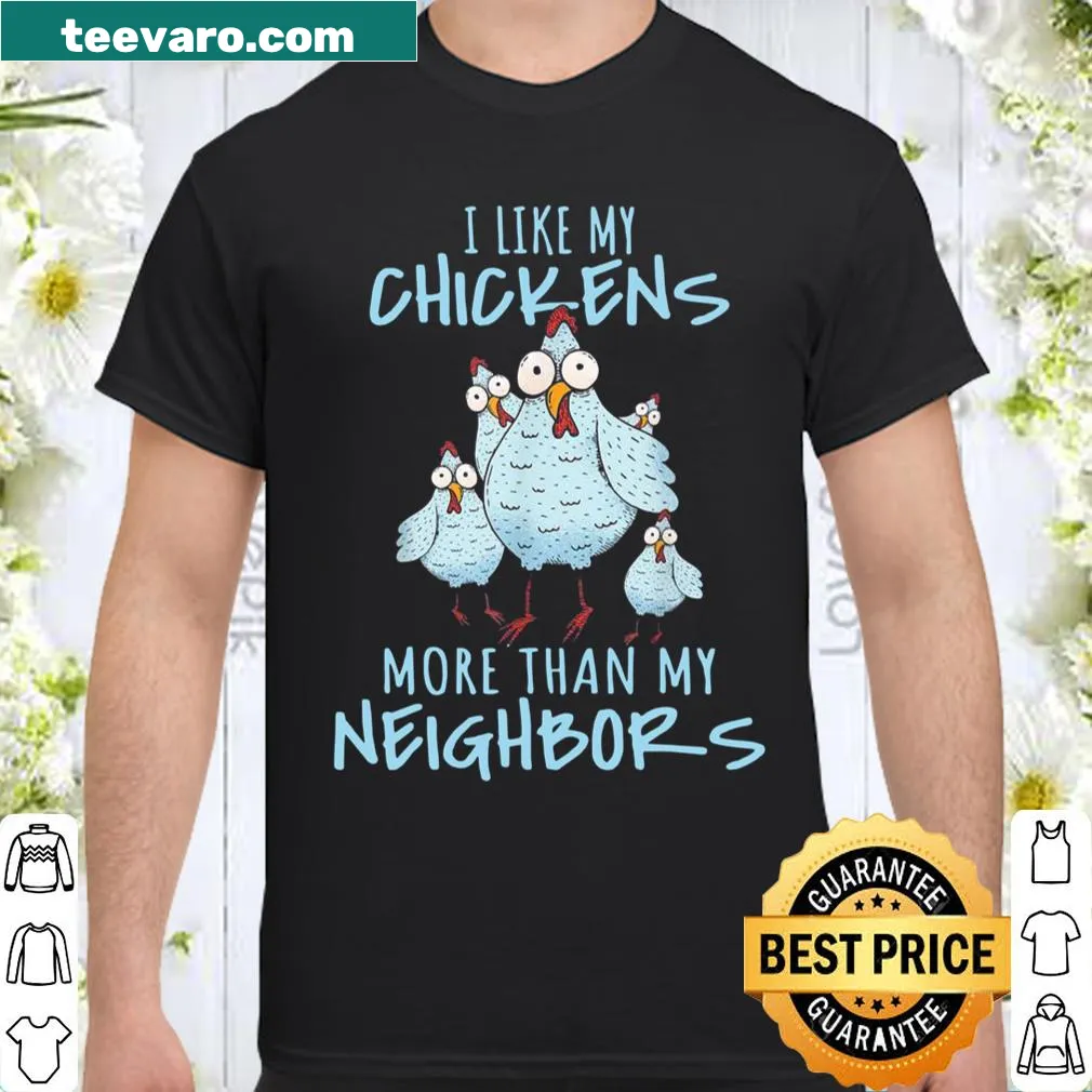 Illustrated shirt featuring chickens in a garden setting