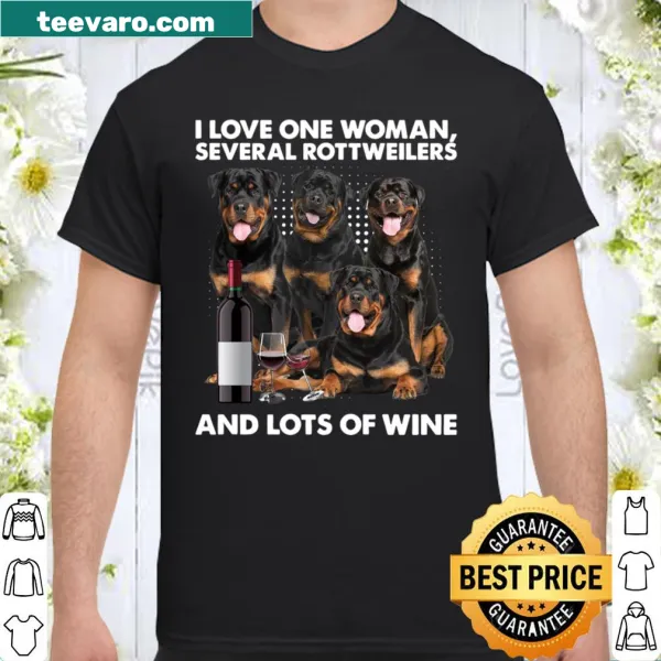 Whimsical shirt declaring love for woman, Rottweilers, and wine