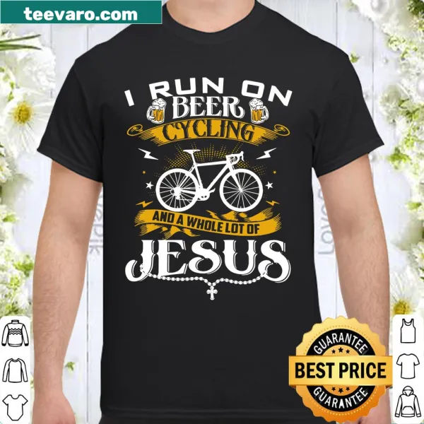Funny t-shirt with text about running on beer, cycling, and Jesus