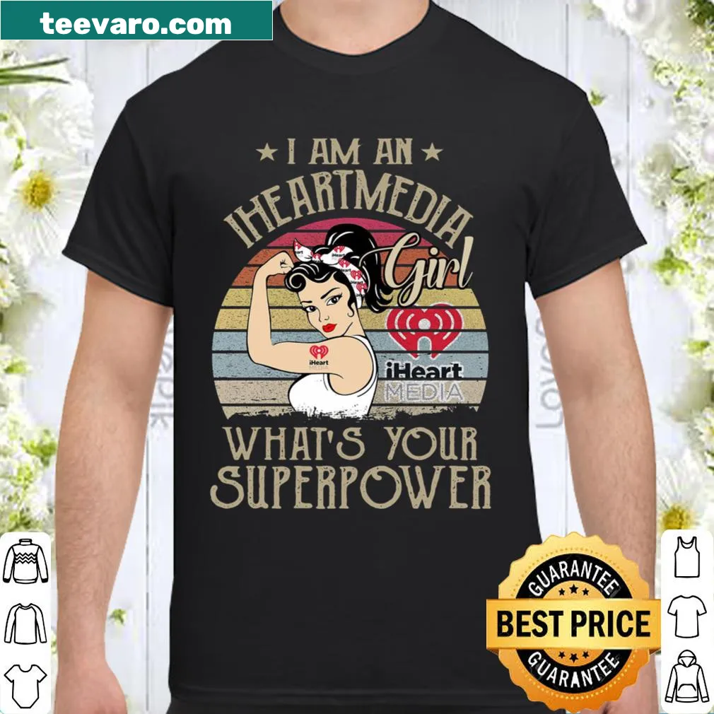 Playful t-shirt with the saying about Iheartmedia and superpowers in bold typography.