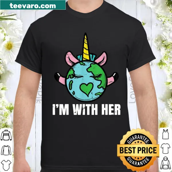 Playful unicorn shirt for kids celebrating Earth Day with the phrase 'I'm With Her'.