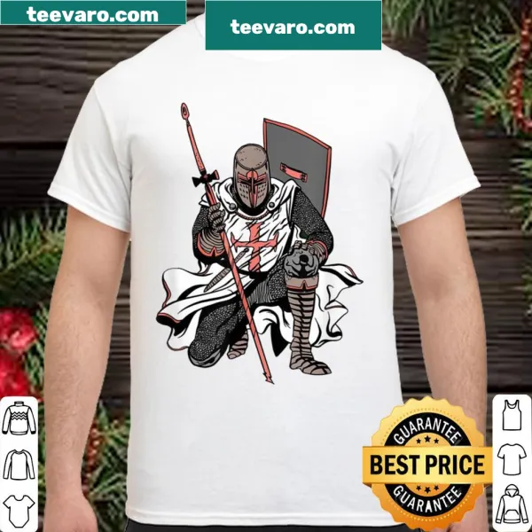 Knight-themed t-shirt featuring a kneeling crusader warrior illustration.