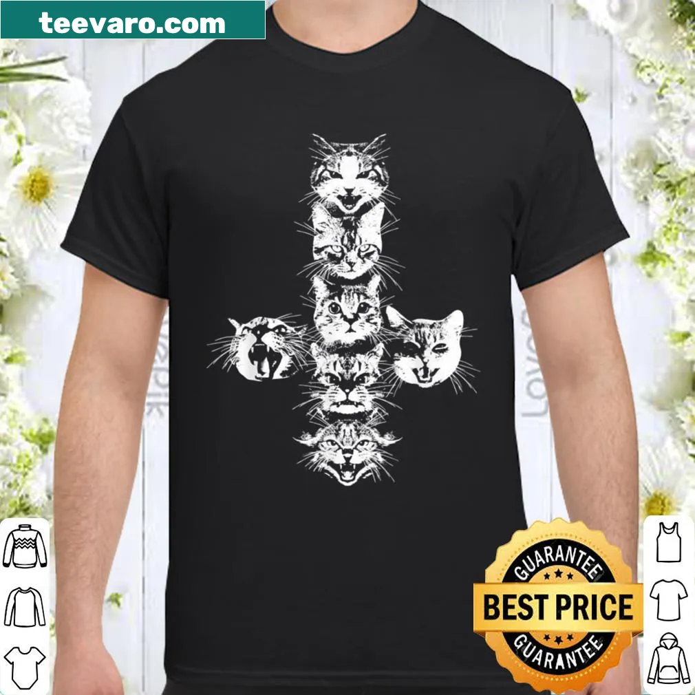 Shirt featuring an inverted cross design with hissing cat heads.
