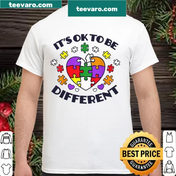 Awareness shirt saying 'It's Ok To Be Different' to promote autism acceptance.