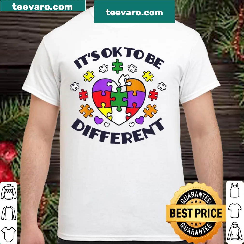 Awareness shirt saying 'It's Ok To Be Different' to promote autism acceptance.