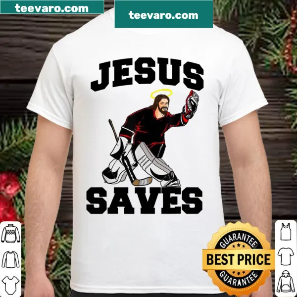 Hockey goalie graphic with 'Jesus Saves' text design