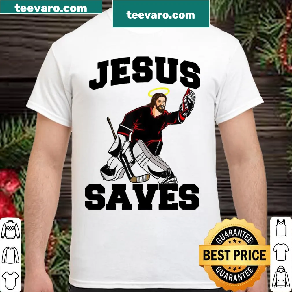 Hockey goalie graphic with 'Jesus Saves' text design