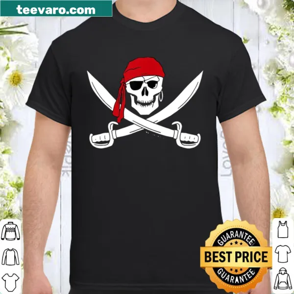 Pirate-themed shirt with Jolly Roger skull and cutlasses design