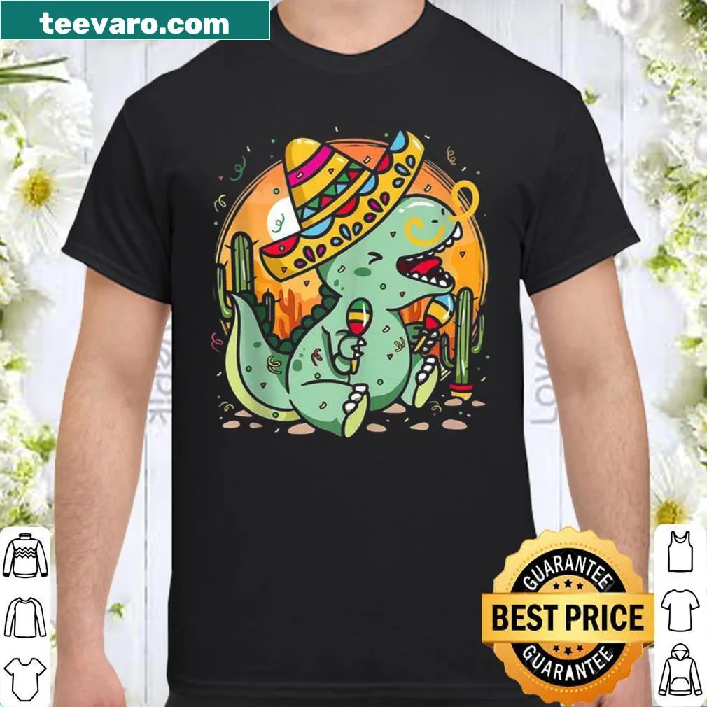Cute dinosaur wearing a sombrero on a festive shirt