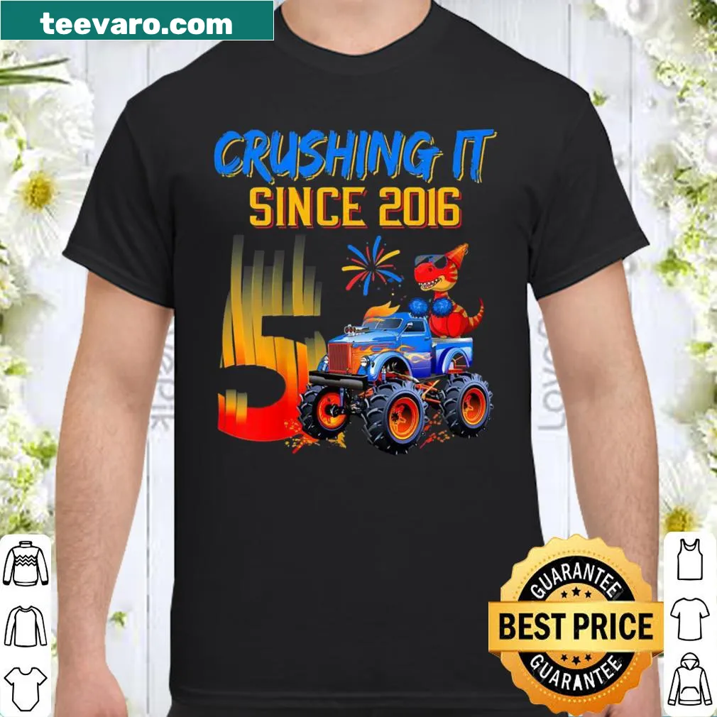 Birthday shirt featuring monster truck and dinosaur design