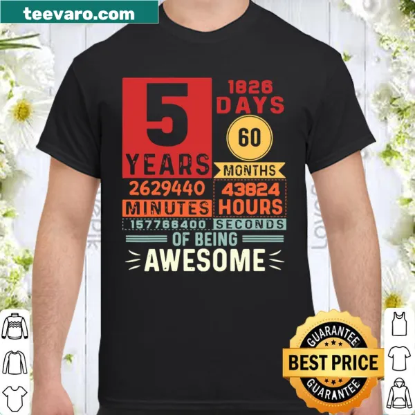 Shirt celebrating kids turning five with Five Years of Being Awesome text