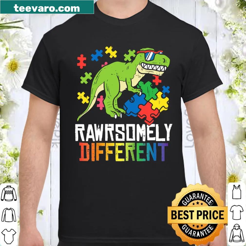 Kids shirt with a dinosaur graphic promoting autism awareness.