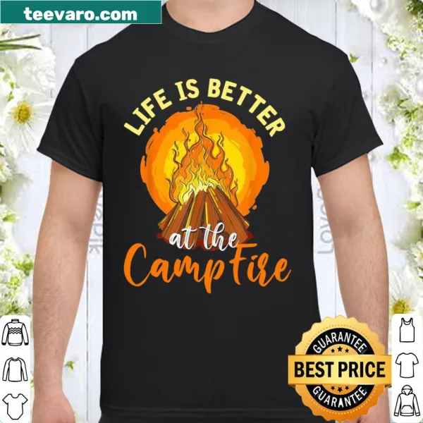 Camping-themed shirt with campfire and trees illustration